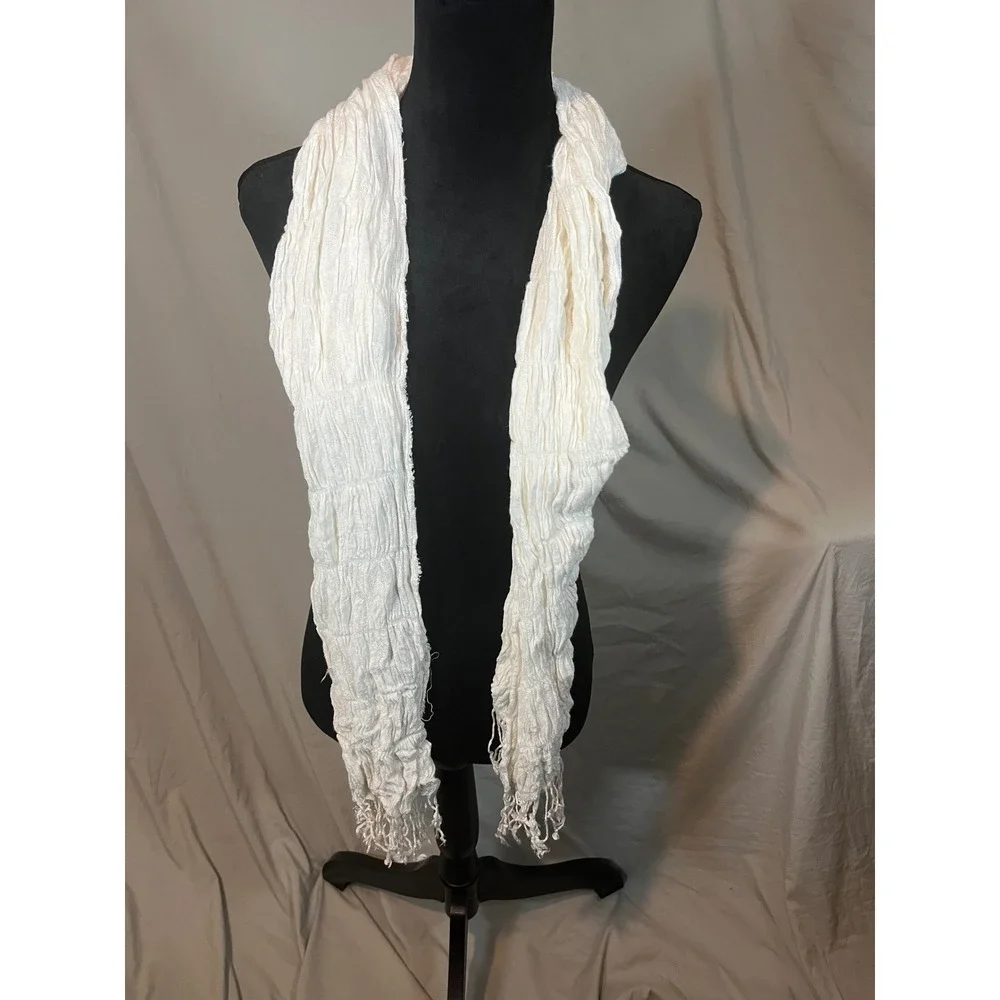 Unbranded Ivory Crinkle Gauze Lightweight Fringe‎ Scarf Off White Boho Accessory